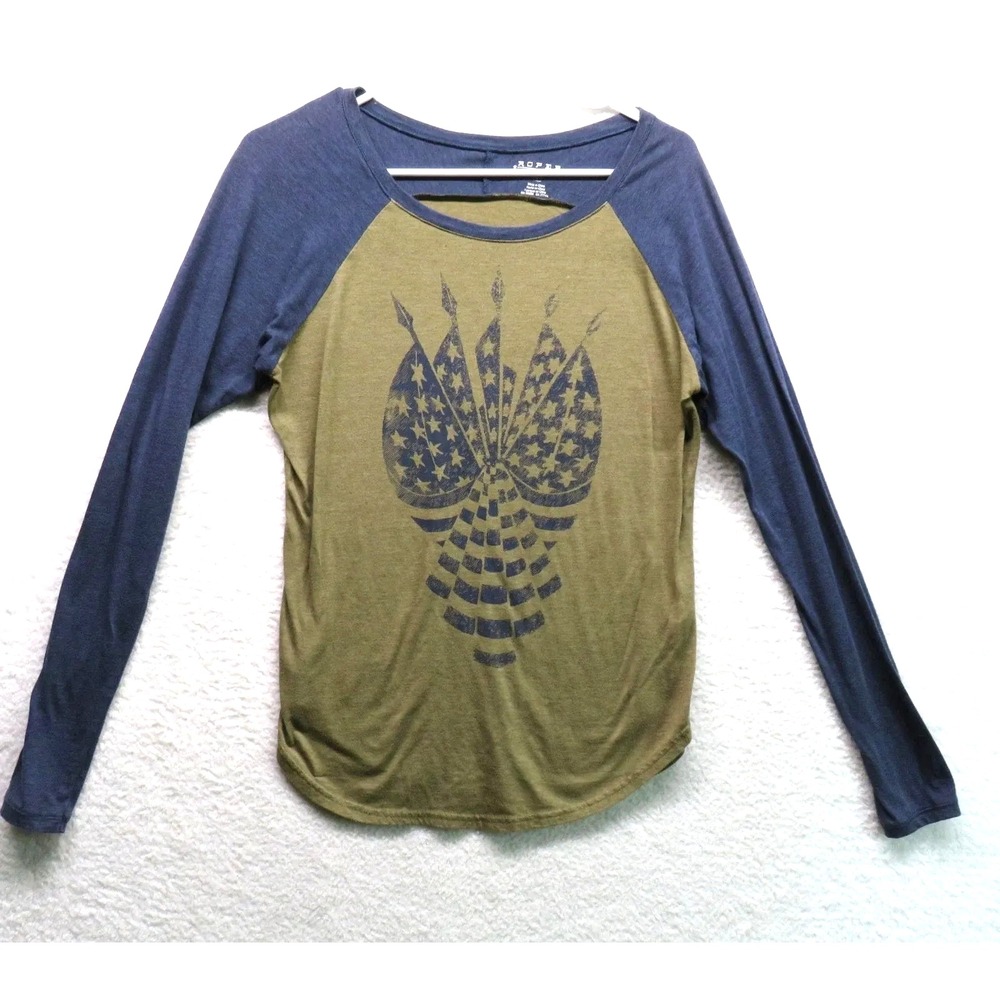 Roper Shirt Womens Large Green Blue Raglan Long Sleeve American Flag Graphic